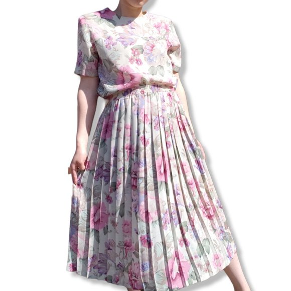 Vintage Alfred Dunner Beige Floral Print 2PC Pleated Skirt Set Size M/L - Picture 1 of 9